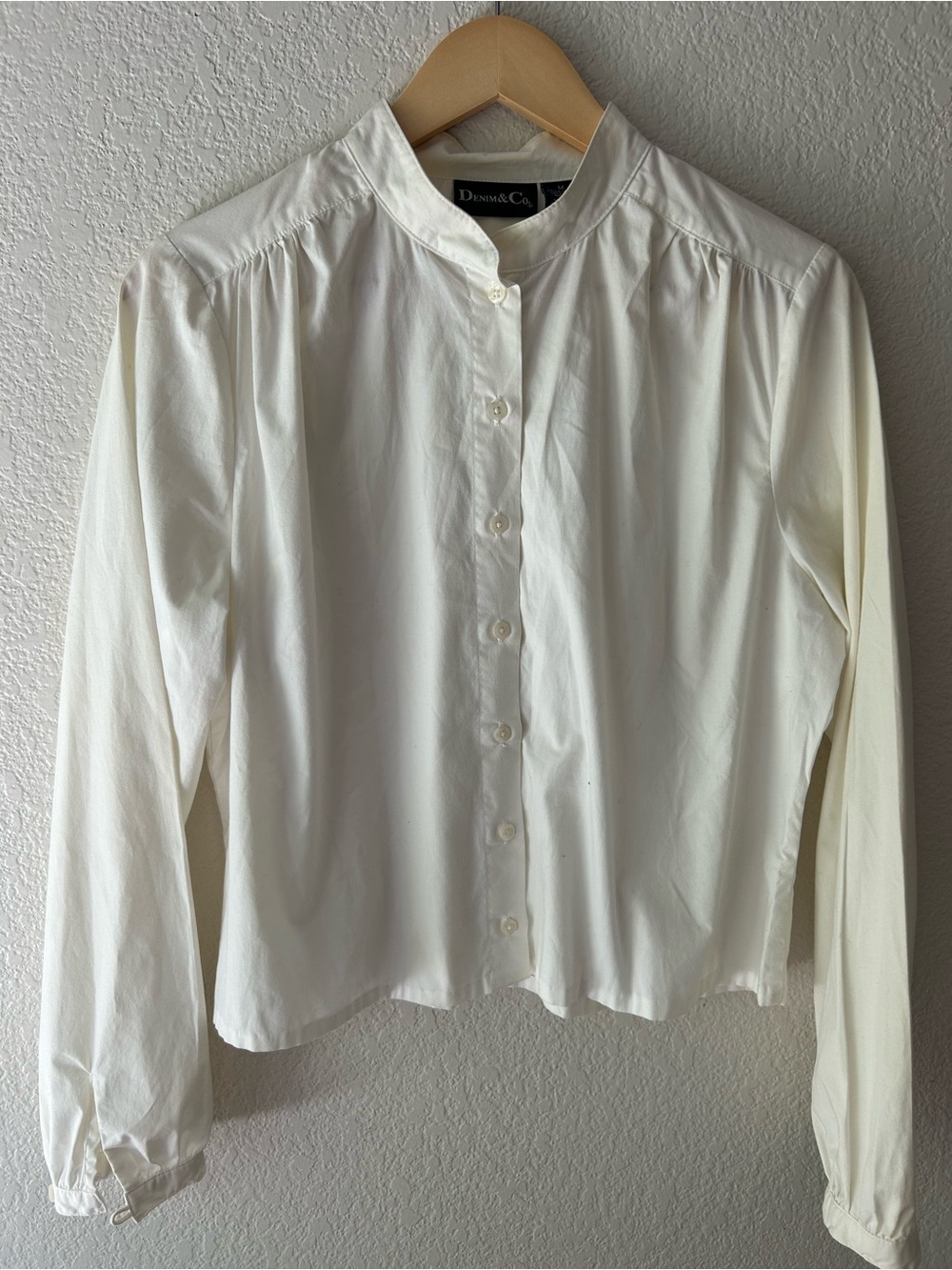 Sunday Letters | Denim & Co. Ivory Stand Collar Blouse | Minimalist Cotton Top